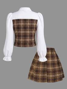 SHEIN Girls' Shirt Collar Patchwork Plaid College Style Cute Button-Up Puff Long Sleeve Top Elastic Waist Pleated Skirt School White Brown Off Campus Winter - Multicolor - View 2