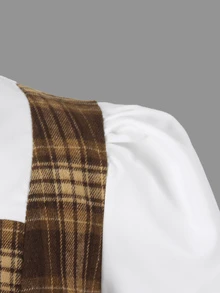 SHEIN Girls' Shirt Collar Patchwork Plaid College Style Cute Button-Up Puff Long Sleeve Top Elastic Waist Pleated Skirt School White Brown Off Campus Winter - Multicolor - View 6