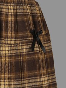 SHEIN Girls' Shirt Collar Patchwork Plaid College Style Cute Button-Up Puff Long Sleeve Top Elastic Waist Pleated Skirt School White Brown Off Campus Winter - Multicolor - View 8