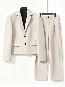 HUEFORM Men's Solid Color Button Long Sleeve Jacket And Pocket Long Pants Business Casual Suit Set - Apricot - View 3