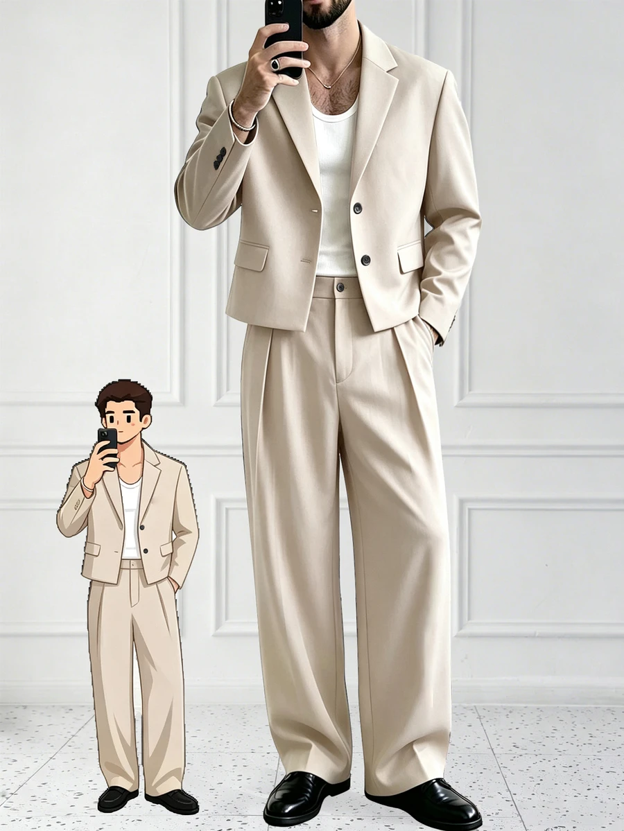 HUEFORM Men's Solid Color Button Long Sleeve Jacket And Pocket Long Pants Business Casual Suit Set - Apricot - View 1