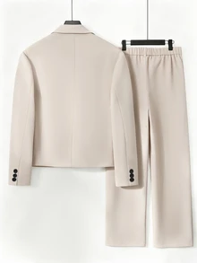 HUEFORM Men's Solid Color Button Long Sleeve Jacket And Pocket Long Pants Business Casual Suit Set - Apricot - View 2