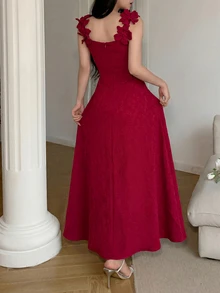 Feyla 女款夏季優雅3D花卉裝飾收腰中長洋裝 - 酒紅色 - 查看 3