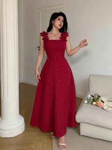 Feyla 女款夏季優雅3D花卉裝飾收腰中長洋裝 - 酒紅色 - 查看 4