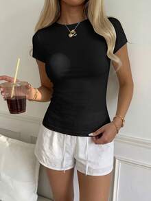 CovetEZ Casual Minimalist Sexy Cold Shoulder 95% Black Pure Cotton Short Sleeve T-Shirt, Suitable For Spring/Summer, Spring/Summer/Autumn Clothing Matching - Black - View 6