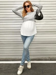 SHEIN Maternity Cross Wrap 2 In 1 Nursing Tee With Long Sleeve Fall - Light Grey - View 6