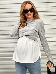 SHEIN Maternity Cross Wrap 2 In 1 Nursing Tee With Long Sleeve Fall - Light Grey - View 7