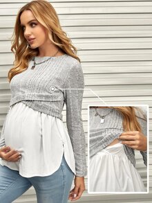 SHEIN Maternity Cross Wrap 2 In 1 Nursing Tee With Long Sleeve Fall - Light Grey - View 1