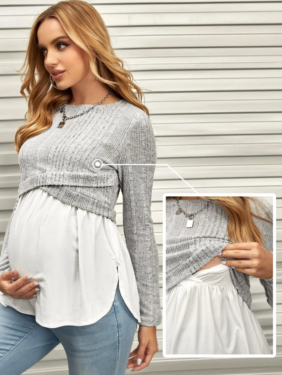 SHEIN Maternity Cross Wrap 2 In 1 Nursing Tee With Long Sleeve Fall - Light Grey - View 1