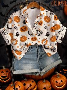 EMERY ROSE Plus Size Halloween Print Short Sleeve Shirt - Multicolor - View 1