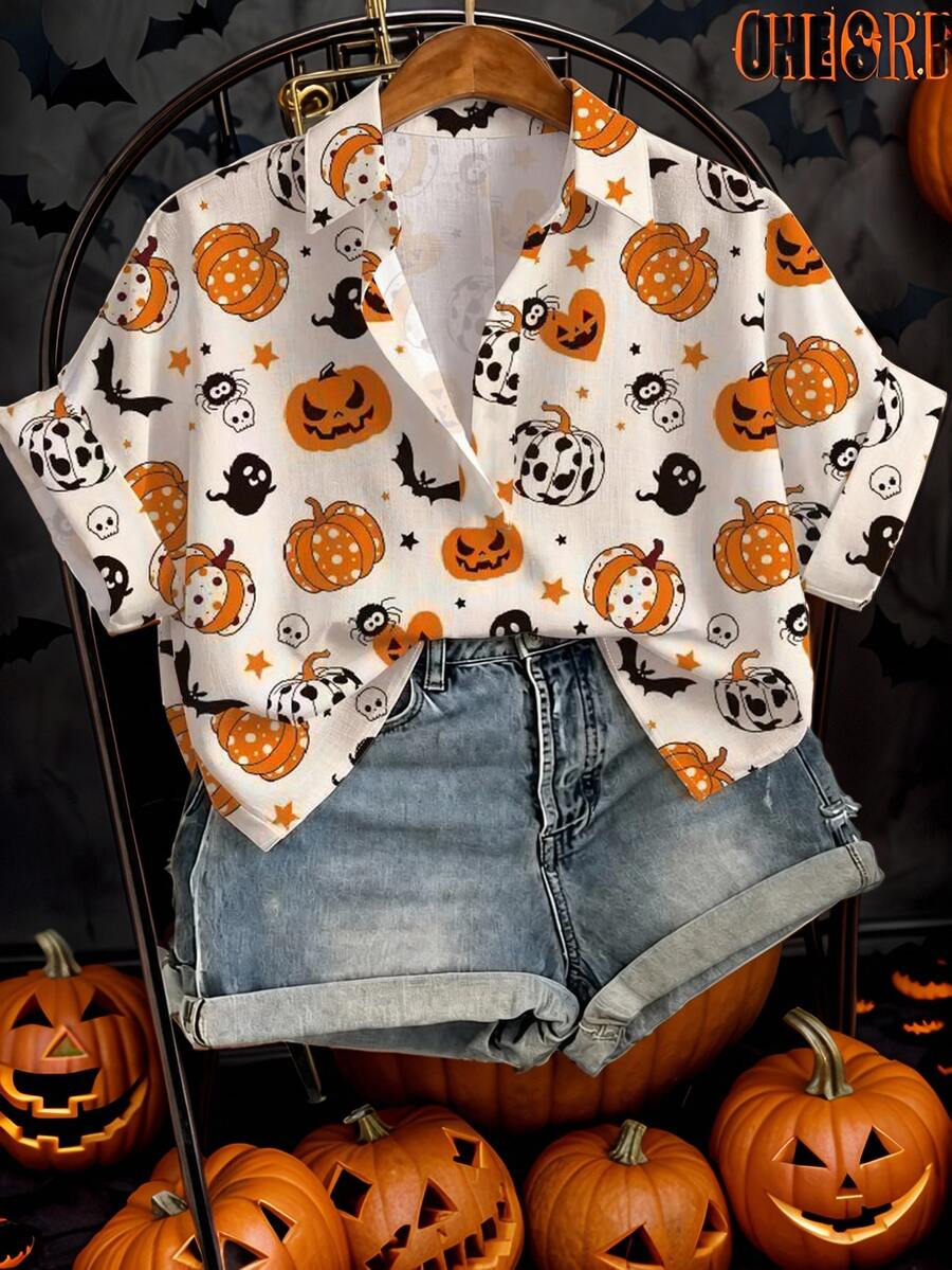EMERY ROSE Plus Size Halloween Print Short Sleeve Shirt - Multicolor - View 1