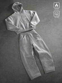 SLATEMANN 男士字母印花拉鍊連帽衛衣與運動長褲休閒套裝 - 灰色 - 查看 4