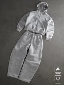 SLATEMANN 男士字母印花拉鍊連帽衛衣與運動長褲休閒套裝 - 灰色 - 查看 2