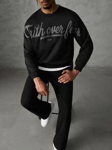 Manfinity Roughcore Men's Autumn/Winter Fashion Letter Print Decor Pullover Long Sleeve Sweatshirt - Black - View 3