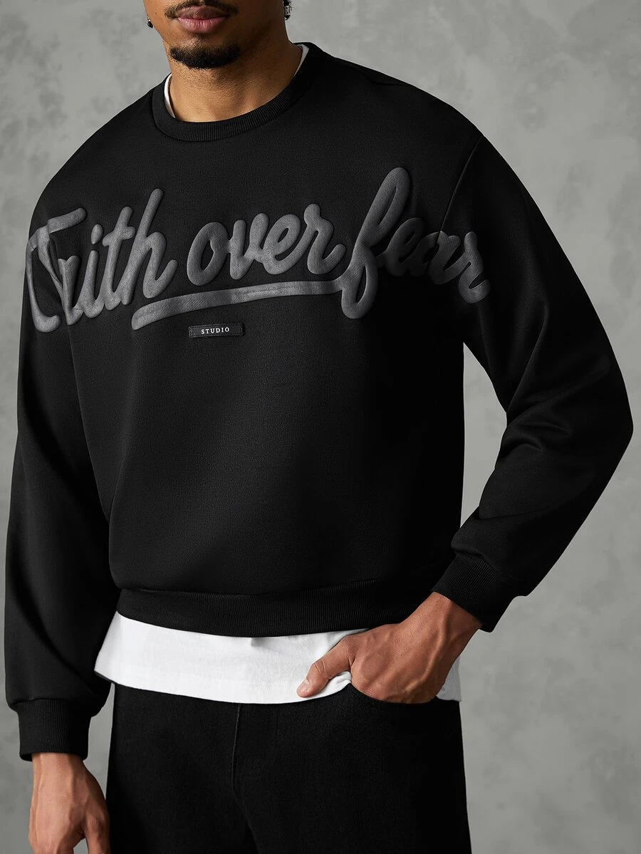 Manfinity Roughcore Men's Autumn/Winter Fashion Letter Print Decor Pullover Long Sleeve Sweatshirt - Black - View 1