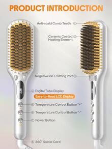 SHEGLAM HAIR Sleek Chic Triple Grip Straightening Brush,Ionic Hair Straightener Brush,62 Mm Wide Panel,3 Min Quick Styling & 5 Temp Settings,60s Quick Heat Up & 60 Min Auto Shut-Off,Anti-Scald Comb Teeth & Digital Tube Display,Ceramic Heating Element,40 Million Negative Ions For Less Damage,Universal Voltage For Daily Commute To Work - Silver - View 7