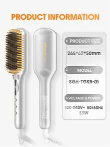 SHEGLAM HAIR Sleek Chic Triple Grip Straightening Brush,Ionic Hair Straightener Brush,62 Mm Wide Panel,3 Min Quick Styling & 5 Temp Settings,60s Quick Heat Up & 60 Min Auto Shut-Off,Anti-Scald Comb Teeth & Digital Tube Display,Ceramic Heating Element,40 Million Negative Ions For Less Damage,Universal Voltage For Daily Commute To Work - Silver - View 9