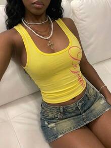 Fiercella Fiercella 女士黑色百搭通勤U领银色英文字母印花街头风修身吊带背心，适合春夏穿着 - 黃色 - 查看 3