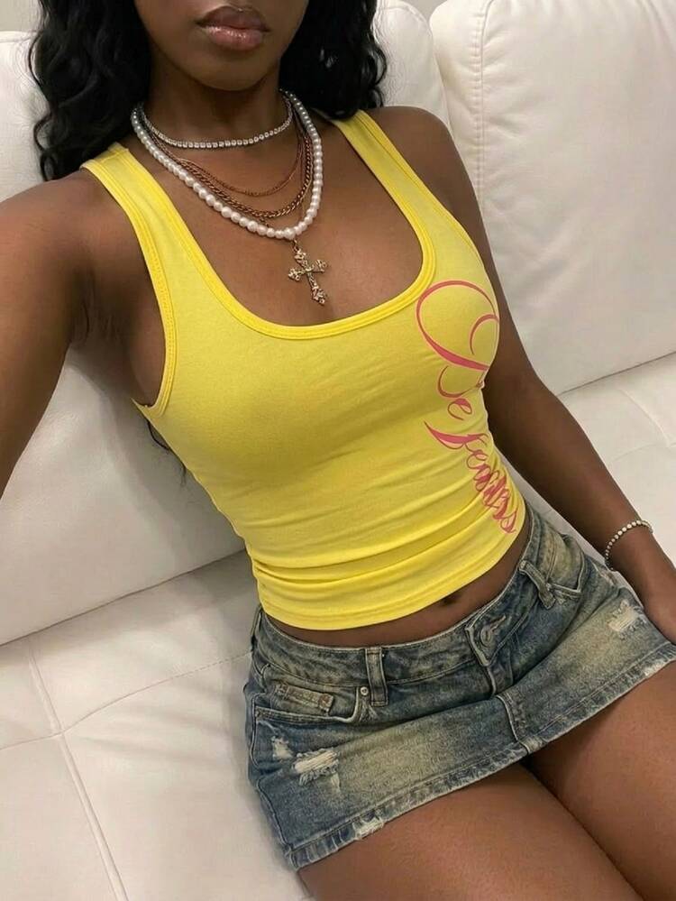 Fiercella Fiercella 女士黑色百搭通勤U领银色英文字母印花街头风修身吊带背心，适合春夏穿着 - 黃色 - 查看 2