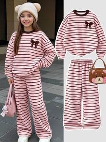 女童俏皮可愛秋冬衛衣套裝，條紋蝴蝶結圖案套頭衫與直筒長褲 2 件套 - 彩色 - 查看 3