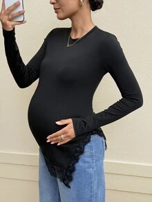 MaterniWear Maternity Solid Color Casual Daily Long Sleeve T-Shirt - Black - View 5