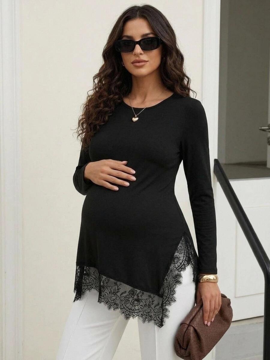 MaterniWear Maternity Solid Color Casual Daily Long Sleeve T-Shirt - Black - View 1
