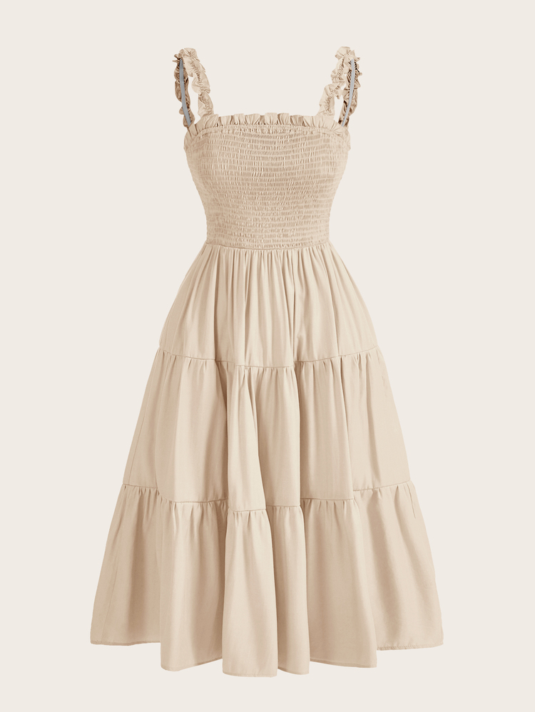 BELROSIE Solid Frill Trim Ruffle Hem Dress Holiday Party Dress  Boho Vacation Fashionable Style For Summer Spring Fall Autumn - Beige - View 5