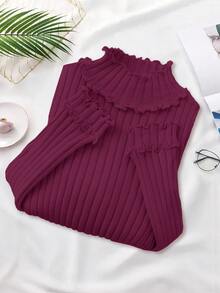 Franclia European American New Blogger Style Design Elegant Casual 3D Ribbed Frill Trim Long Sleeve Knit Base Layer Sweater Office Deep Purple Autumn - Red Violet - View 5