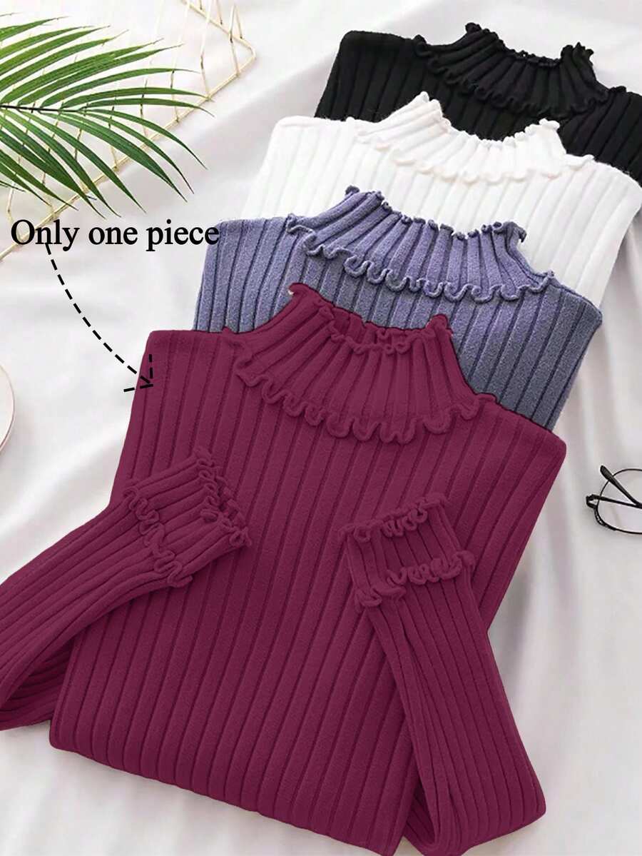 Franclia European American New Blogger Style Design Elegant Casual 3D Ribbed Frill Trim Long Sleeve Knit Base Layer Sweater Office Deep Purple Autumn - Red Violet - View 1