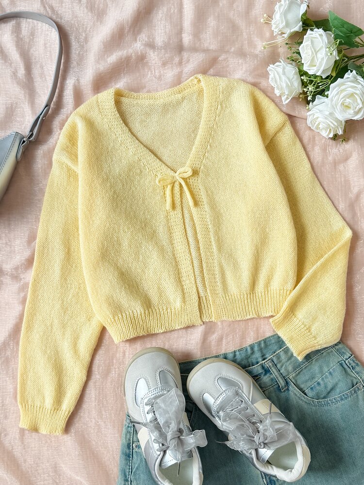 Casual Solid Color Round Neck Long Sleeve Loose Cropped Kids Cardigan Sweater Tween Girl Winter Coat - Yellow - View 7