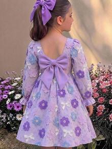 SHEIN 女童小女孩蝴蝶結與3D花朵裝飾時尚派對夏季洋裝 - 紫色 - 查看 5