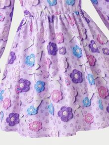 SHEIN 女童小女孩蝴蝶結與3D花朵裝飾時尚派對夏季洋裝 - 紫色 - 查看 7