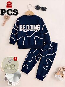 Young Boys Abstract Line Letter Graphic Crewneck Sweatshirt And Sweatpants 2 Pieces Outfit Set White Winter - Multicolor - View 2