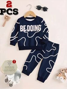 Young Boys Abstract Line Letter Graphic Crewneck Sweatshirt And Sweatpants 2 Pieces Outfit Set White Winter - Multicolor - View 4