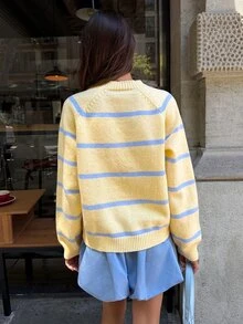 Aloruh Women's Fall Blue And Yellow Striped Long Sleeve Loose Sweater Suitable For School Everyday Casual Preppy Outing Daily Wear Brunch - Multicolor - View 3