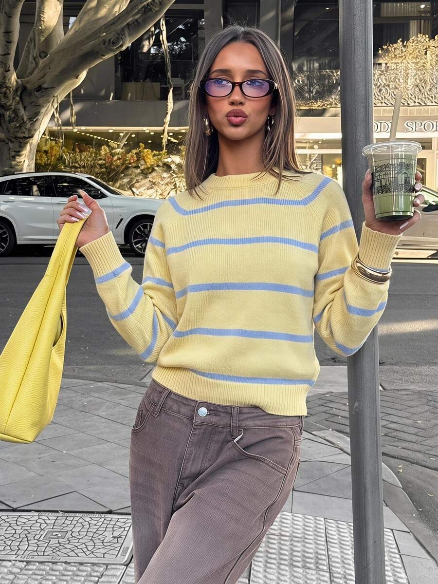 Aloruh Women's Fall Blue And Yellow Striped Long Sleeve Loose Sweater Suitable For School Everyday Casual Preppy Outing Daily Wear Brunch