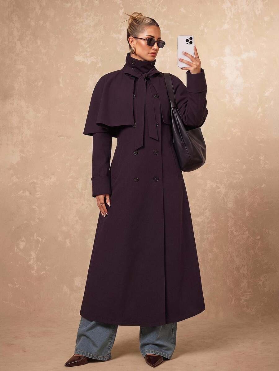 Lumalex Jaket Trench Coat Panjang Wanita Model Baru Musim Gugur dengan Jubah Lepas Pasang, Leher Tinggi, Longgar, Lurus, dan Kancing Ganda, Gaya Musim Gugur Terbaru