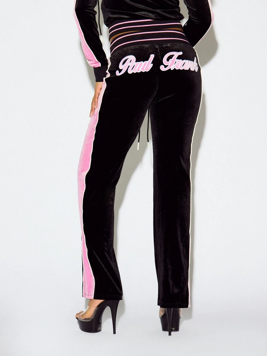 SUMWON X PAUL FRANK SUMWON WOMEN Winter Essentials Velvet Track Pants With Pink Side Stripe Panel Low Rise Drawstring Waist And Logo Script Back Detail Autumn Warm Cozy - Black - View 1