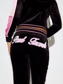 SUMWON X PAUL FRANK SUMWON WOMEN Winter Essentials Velvet Track Pants With Pink Side Stripe Panel Low Rise Drawstring Waist And Logo Script Back Detail Autumn Warm Cozy - Black - View 2