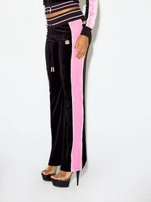 SUMWON X PAUL FRANK SUMWON WOMEN Winter Essentials Velvet Track Pants With Pink Side Stripe Panel Low Rise Drawstring Waist And Logo Script Back Detail Autumn Warm Cozy - Black - View 3