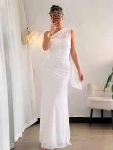 Firerie 單肩抓皺長洋裝，白色洋裝，優雅性感浪漫，適合婚禮、舞會、女性穿搭、聖誕派對洋裝 - 白色 - 查看 5