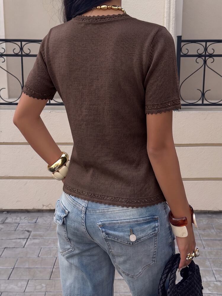 Pariaura Women's Solid Color Short Sleeve Single-Breasted Casual French French Elegant Thin Cardigan Top High Tea Date Brunch Everyday Dark Brown Summer - Mocha Brown - View 2