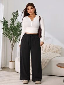 Solflare Plus Size Women Solid Color Waist Tie Pockets Wide Leg Loose Casual Long Pants - Multicolor - View 5