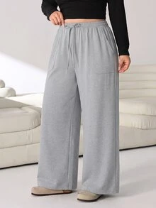 Solflare Plus Size Women Solid Color Waist Tie Pockets Wide Leg Loose Casual Long Pants - Multicolor - View 7