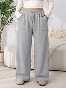 Solflare Plus Size Women Solid Color Waist Tie Pockets Wide Leg Loose Casual Long Pants - Multicolor - View 10