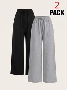Solflare Plus Size Women Solid Color Waist Tie Pockets Wide Leg Loose Casual Long Pants - Multicolor - View 4