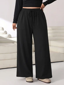 Solflare Plus Size Women Solid Color Waist Tie Pockets Wide Leg Loose Casual Long Pants - Multicolor - View 6