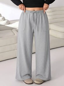 Solflare Plus Size Women Solid Color Waist Tie Pockets Wide Leg Loose Casual Long Pants - Multicolor - View 8