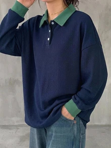FRIFUL 女款黑白條紋寬鬆 Polo 領中袖休閒夏季 T 恤 秋季 - 藏蓝色 - 查看 4