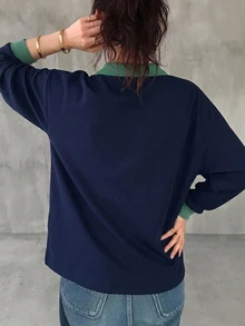 FRIFUL 女款黑白條紋寬鬆 Polo 領中袖休閒夏季 T 恤 秋季 - 藏蓝色 - 查看 2